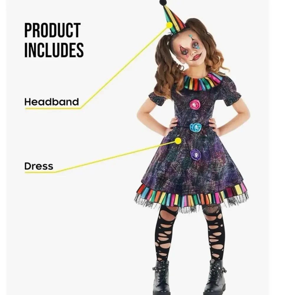 New black rainbow Morph Clown circus Costume Creepy Halloween girls large